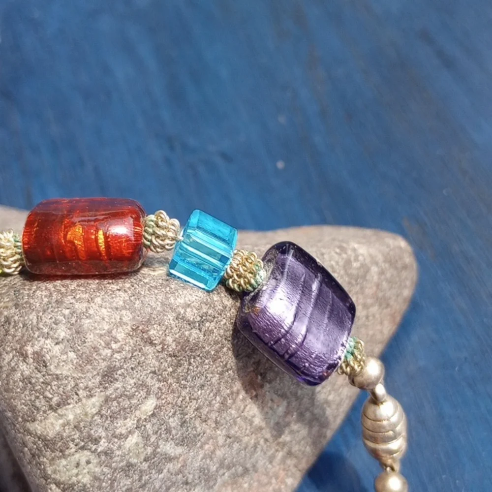Colorful Silver foil glass art beads with square crystals, silver beads